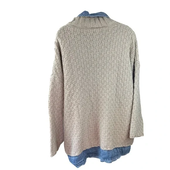 BIBI NWT SZ LGE Denim Trucker Cardigan Sweater Combo Tan Knit Oversized Layering - Picture 7 of 16